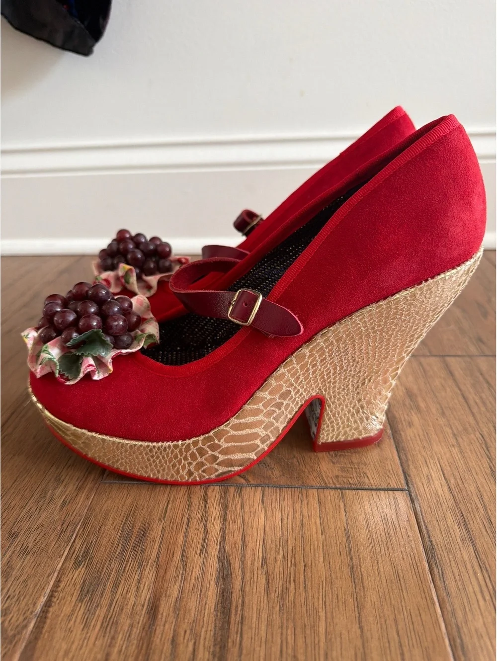 Irregular Choice Red Suede Wedge Heels with Grape and Strawberry Accent
